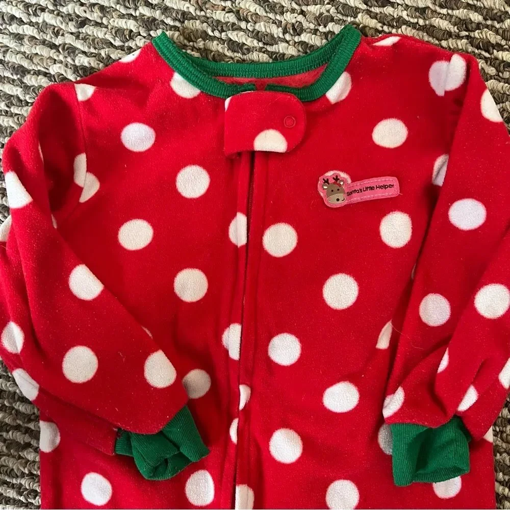 Carters Girls Fleece Christmas Feetie Pajama Bundle 18 Months‎ Red White Holiday